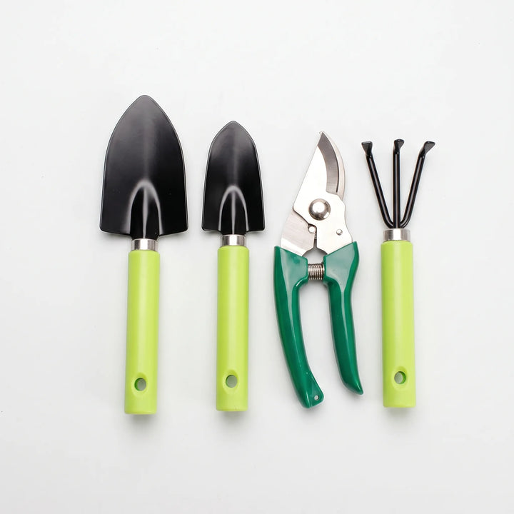 Hand tools for gardening: steel trowel, hand rake, pruning shears, and a storage pouch, perfect for small gardens & pots.