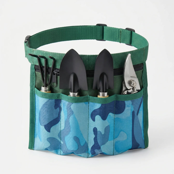 Complete handheld gardening kit with pruning shears, trowel, hand rake, and a useful wearable pouch for organized outdoor work.