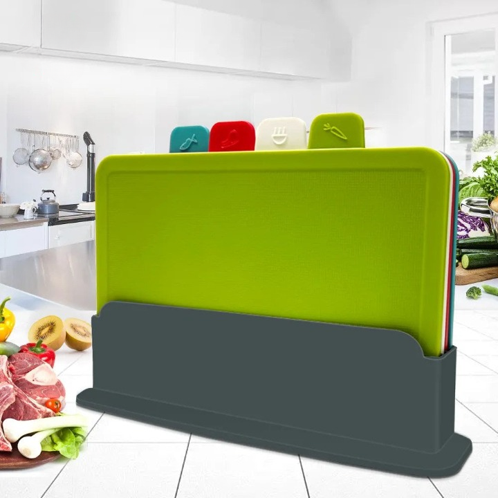 4-piece kitchen chopping board set with a sleek storage holder, perfect for organized and hygienic food prep.