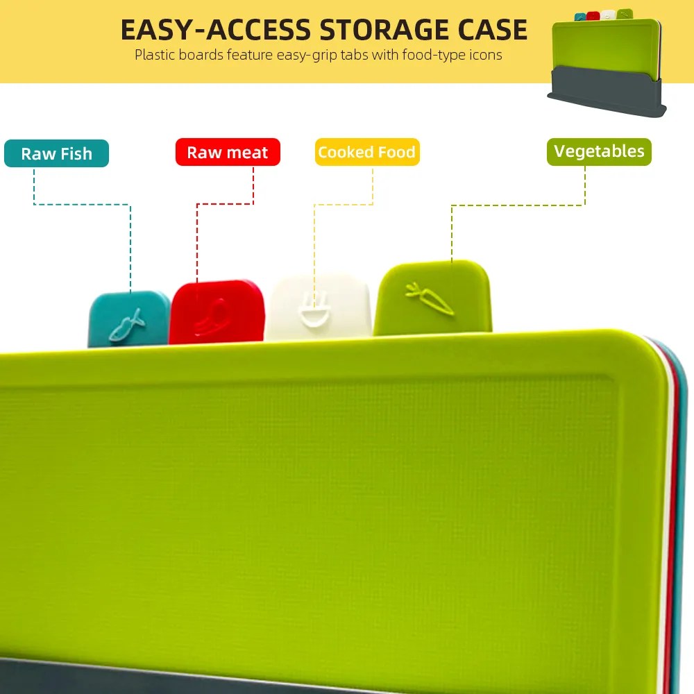 Hygienic 4-piece cutting board set in a compact holder, designed for safe and efficient kitchen food prep.
