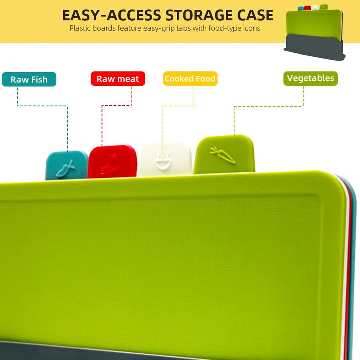 Hygienic 4-piece cutting board set in a compact holder, designed for safe and efficient kitchen food prep.
