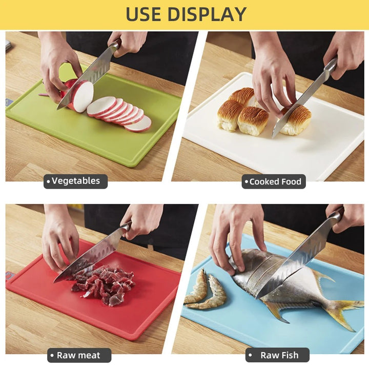 Dishwasher-safe 4-piece chopping board set with stand, promoting easy cleaning & kitchen organization.