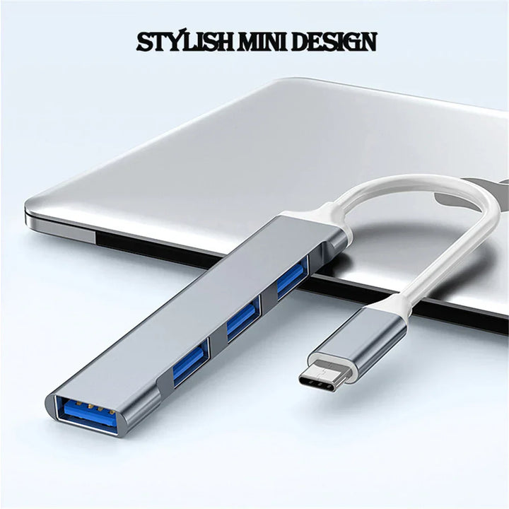 Portable USB splitter with 4 ports, ideal for travel and multiple devices, tech gadget