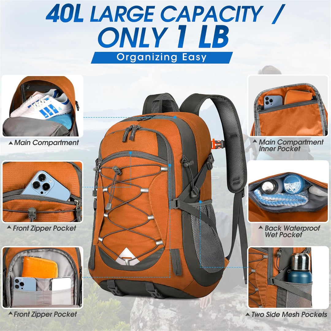 Couple with matching 40L waterproof hiking backpacks, camping in a scenic outdoor location