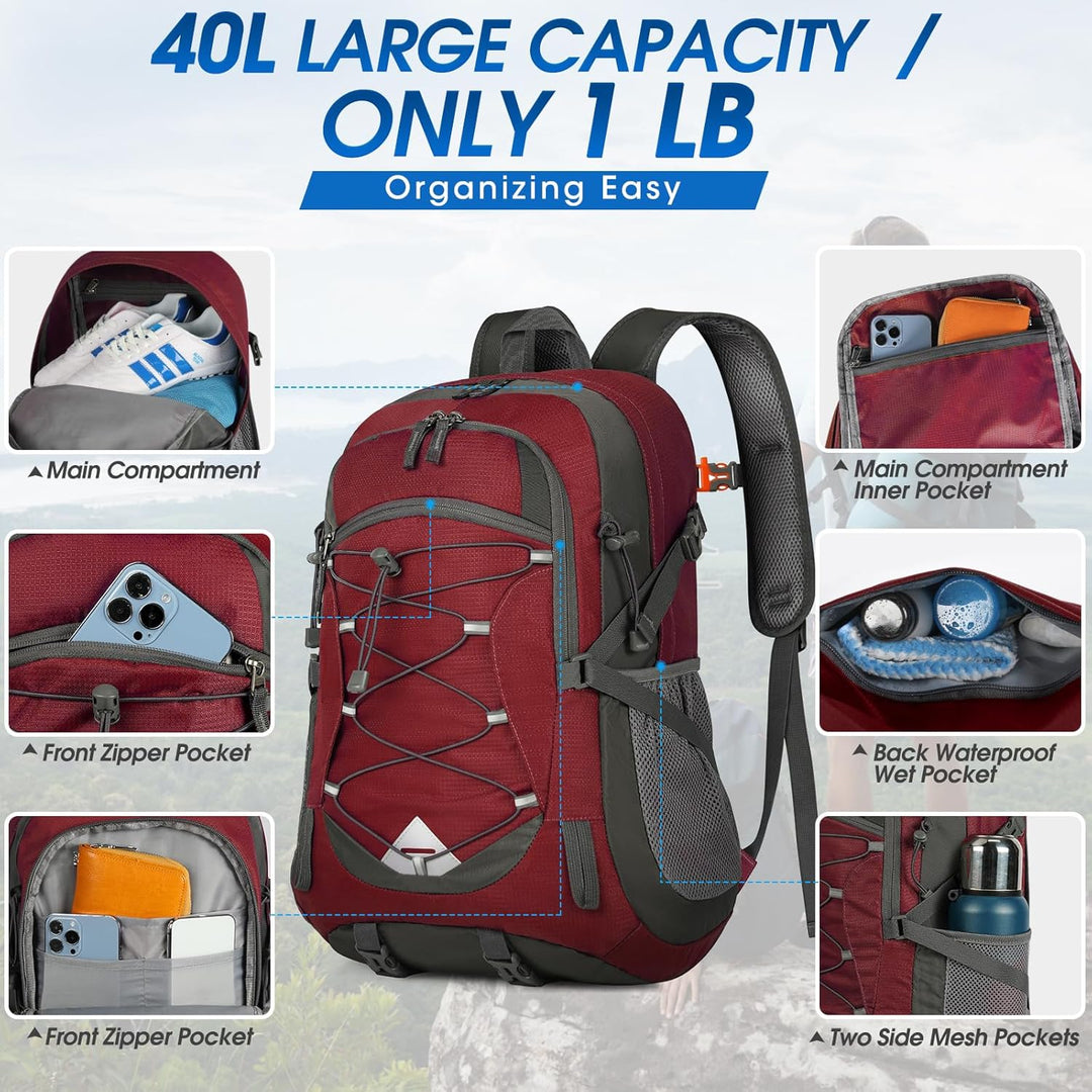 Close-up of backpack logo on a 40L waterproof hiking pack, branding for outdoor gear
