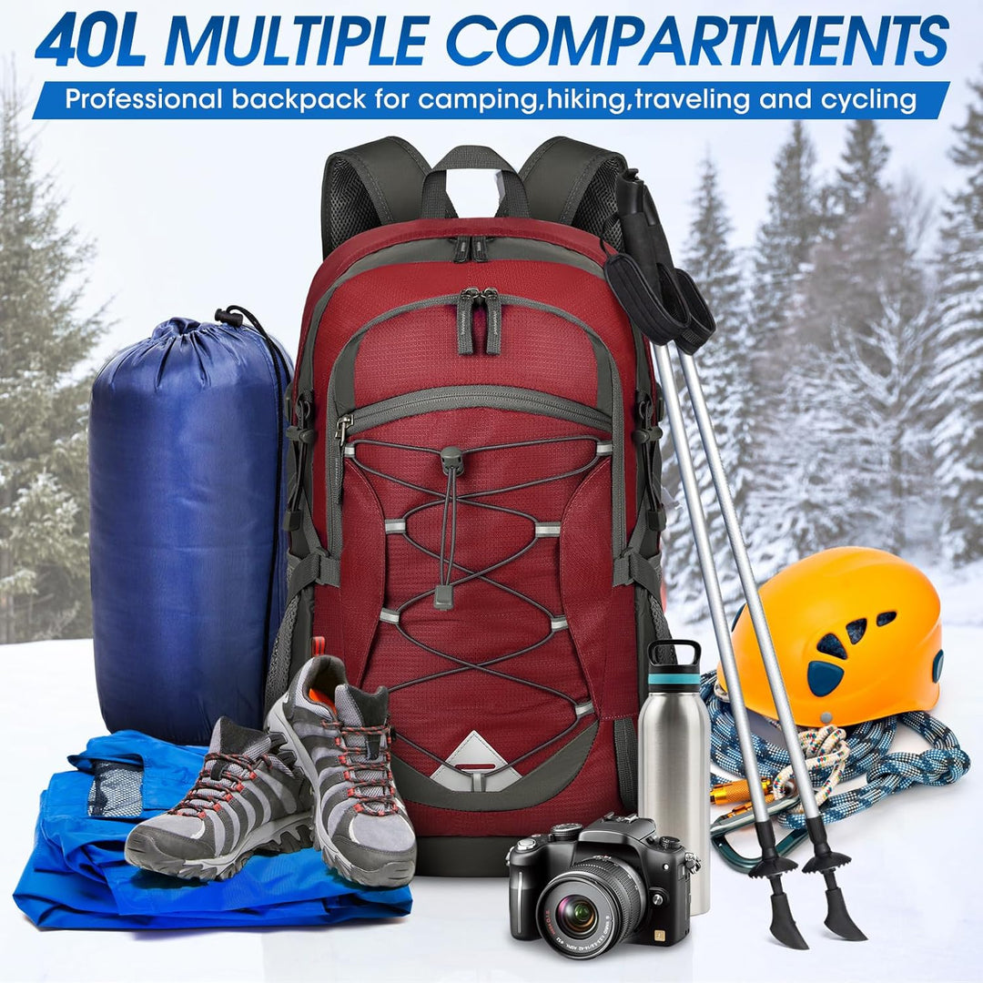 Pair of 40L waterproof hiking backpacks, one black and one blue, highlighting 1+1 FREE offer