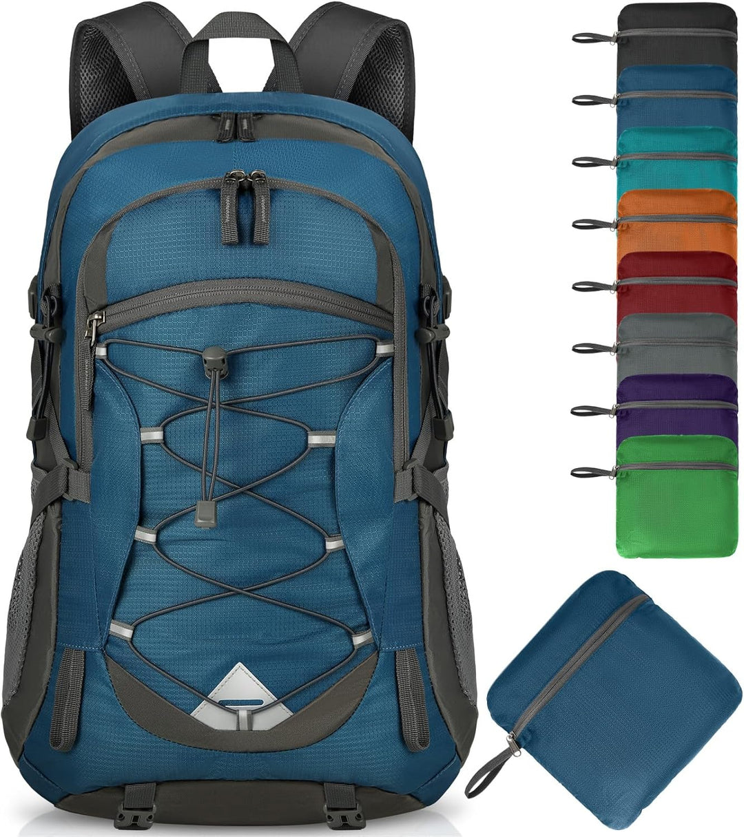 40L waterproof trekking backpack hanging on a tree branch, showcasing its outdoor readiness