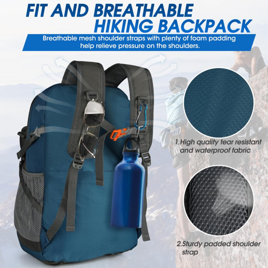 Detail of compression straps on a 40L lightweight travel backpack, for secure packing