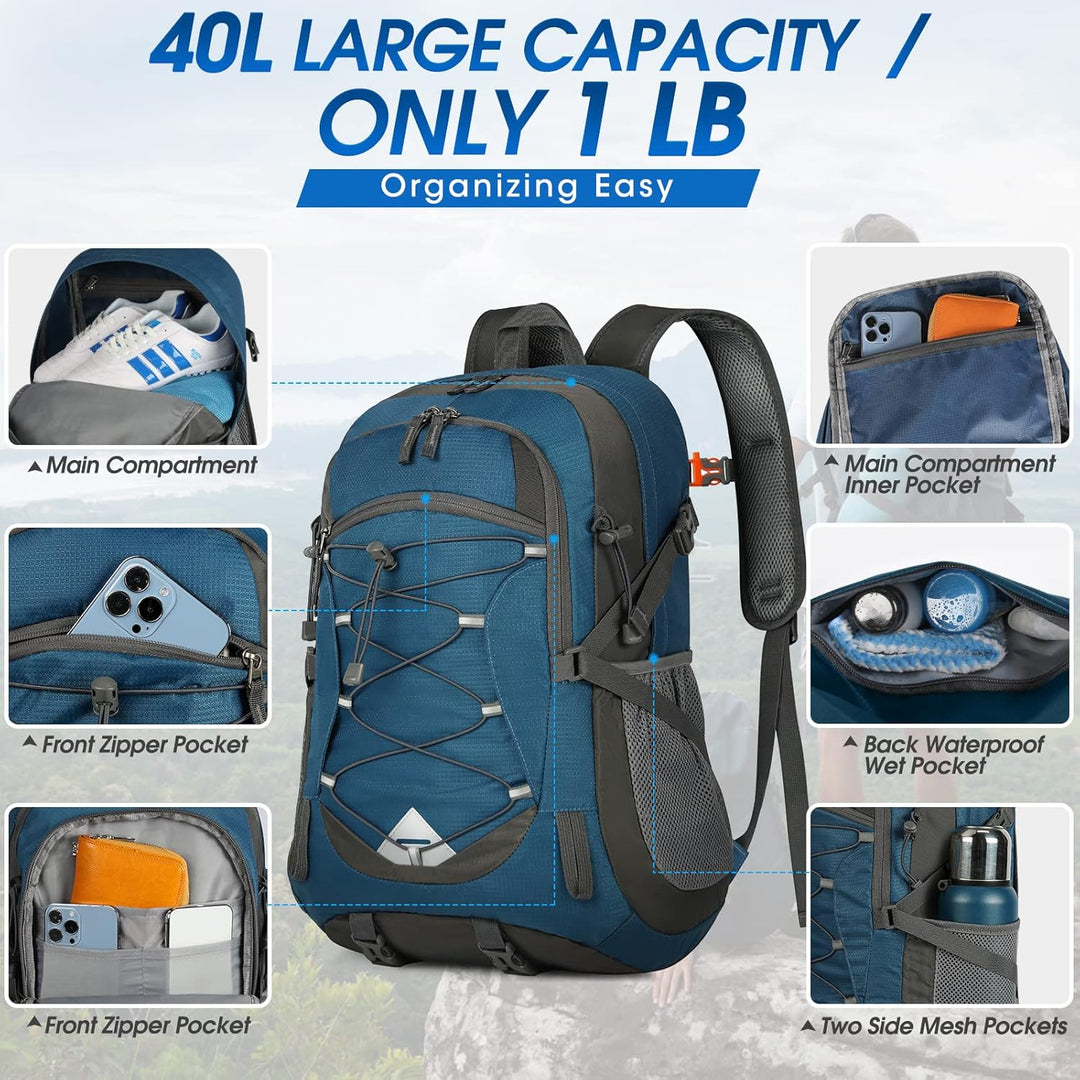 40L waterproof backpack against a sunset backdrop, inspiring outdoor adventure and camping