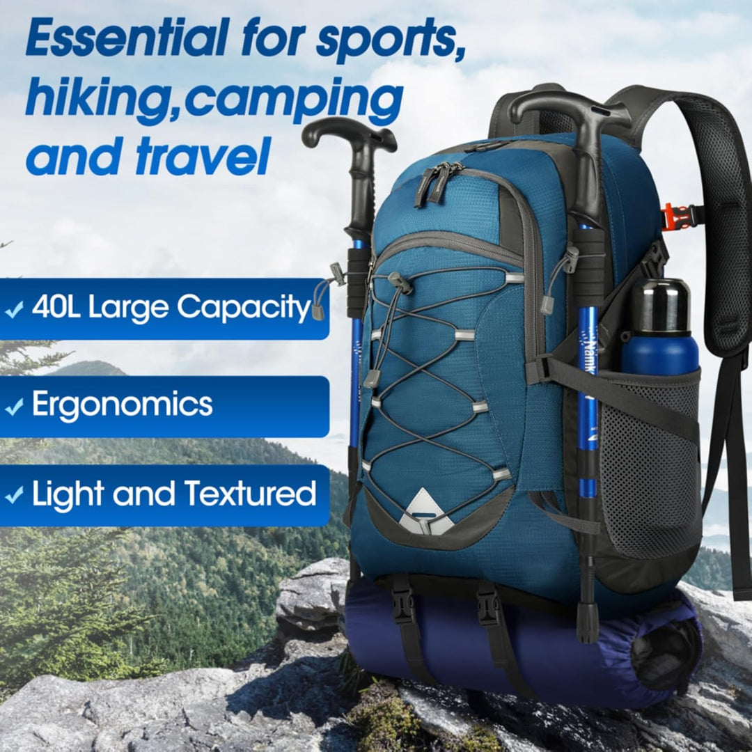 40L waterproof camping backpack with a water bottle in side pocket, practical and convenient