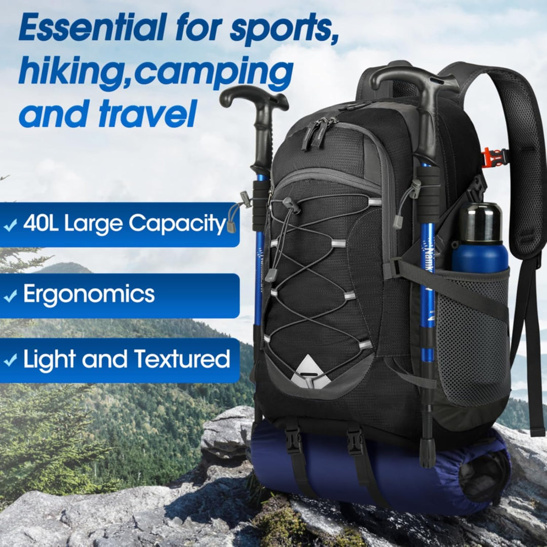 Side view of 40L black hiking backpack, demonstrating packable design and travel readiness