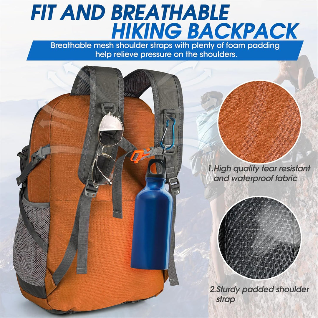 Black 40L hiking backpack, folded for packability, emphasizing its lightweight travel design