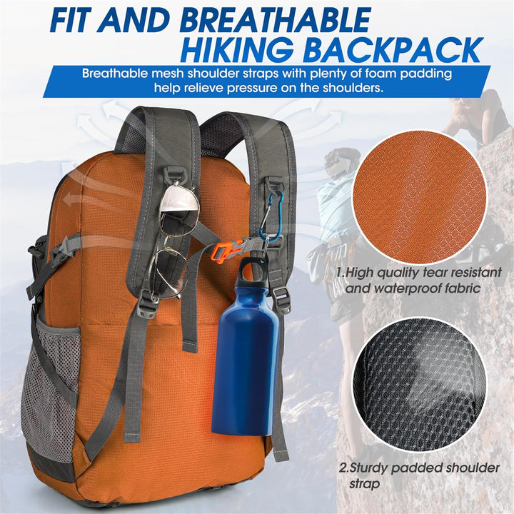 Black 40L hiking backpack, folded for packability, emphasizing its lightweight travel design