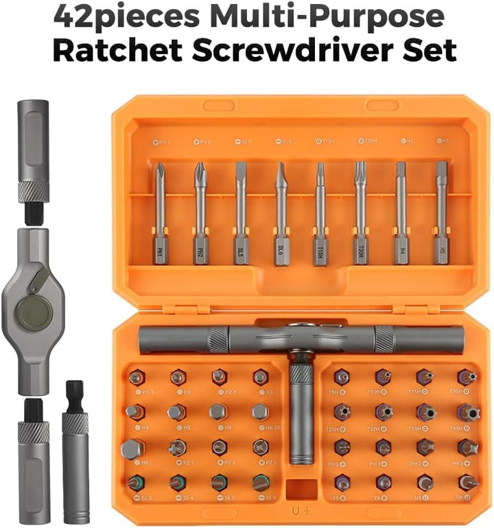 Overview of 42-in-1 magnetic screwdriver set components: handle, bits, and case