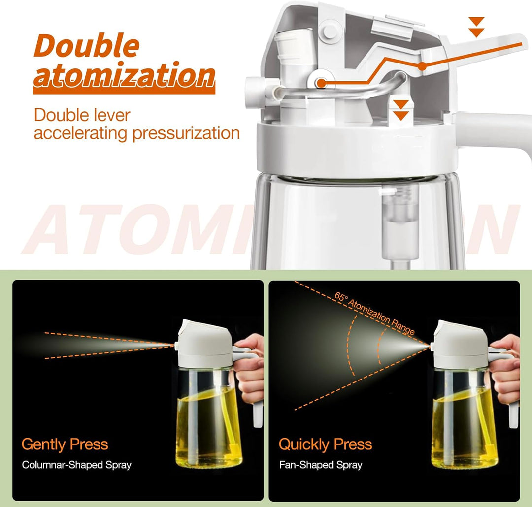 Clear glass 470ml olive oil spray bottle, designed for efficient and mess-free kitchen cooking