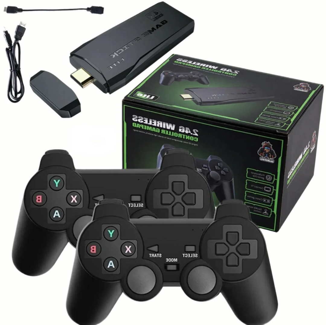 4K HDMI TV Game Console with 20,000+ retro games and two wireless gamepads for classic gaming.