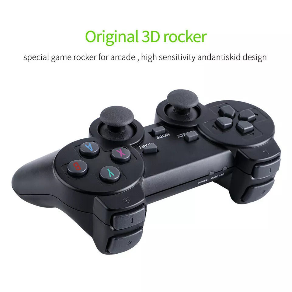 HDMI 4K Game Stick Console with plug & play setup, 64GB, and 2 wireless controllers for retro gaming.