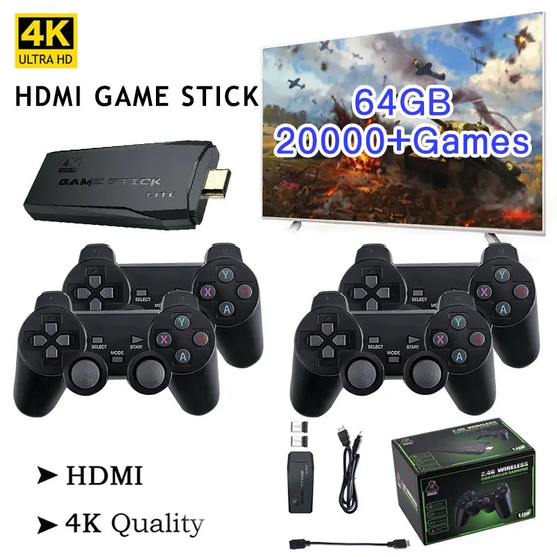 Portable 4K HDMI game console, 64GB with 20,000+ pre-installed retro games & dual wireless controllers.