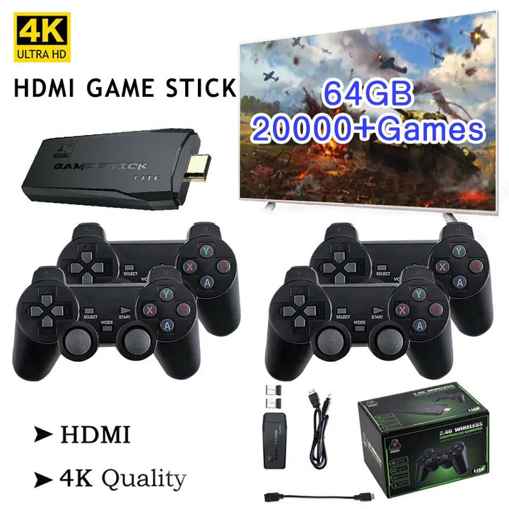 Portable 4K HDMI game console, 64GB with 20,000+ pre-installed retro games & dual wireless controllers.