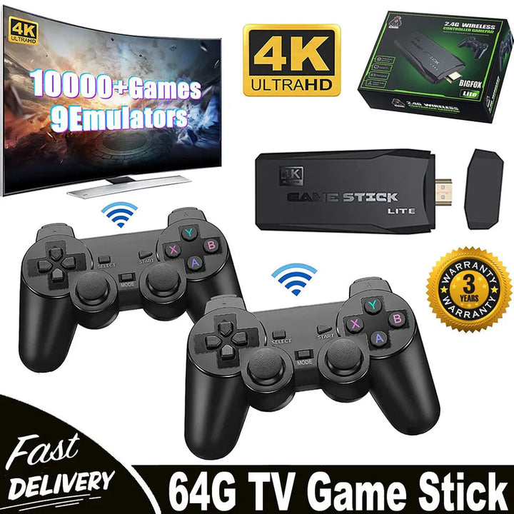Gaming device showcasing the HDMI 4K console, two ergonomic wireless gamepads, and a vast retro game library.