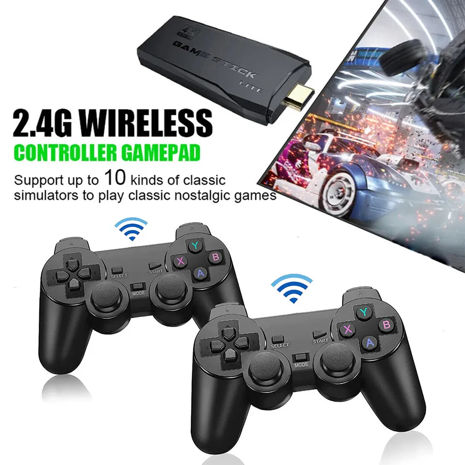 Retro gaming console with 4K HDMI output, 2 wireless controllers, and an SD card packed with 20,000+ games.