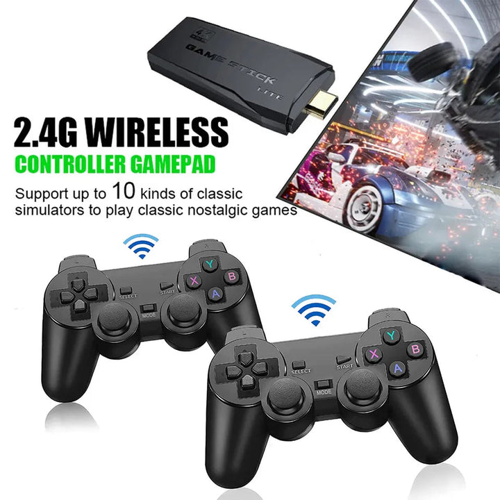 Retro gaming console with 4K HDMI output, 2 wireless controllers, and an SD card packed with 20,000+ games.
