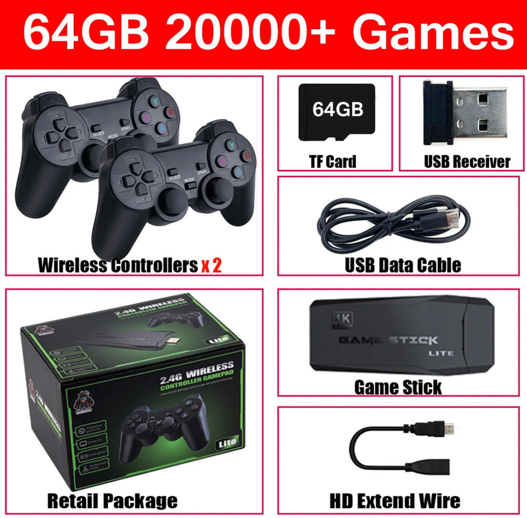 TV console for retro gaming, featuring 4K HDMI, 2 wireless controllers, and a massive library of 20,000+ classic games.