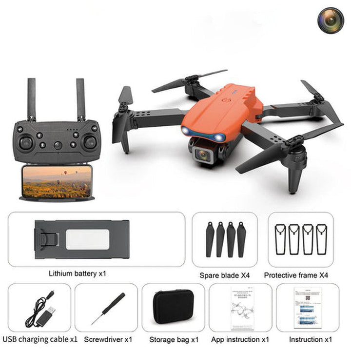 Packaging for 4K UHD camera drone, featuring extended flight & smart aerial photography features.
