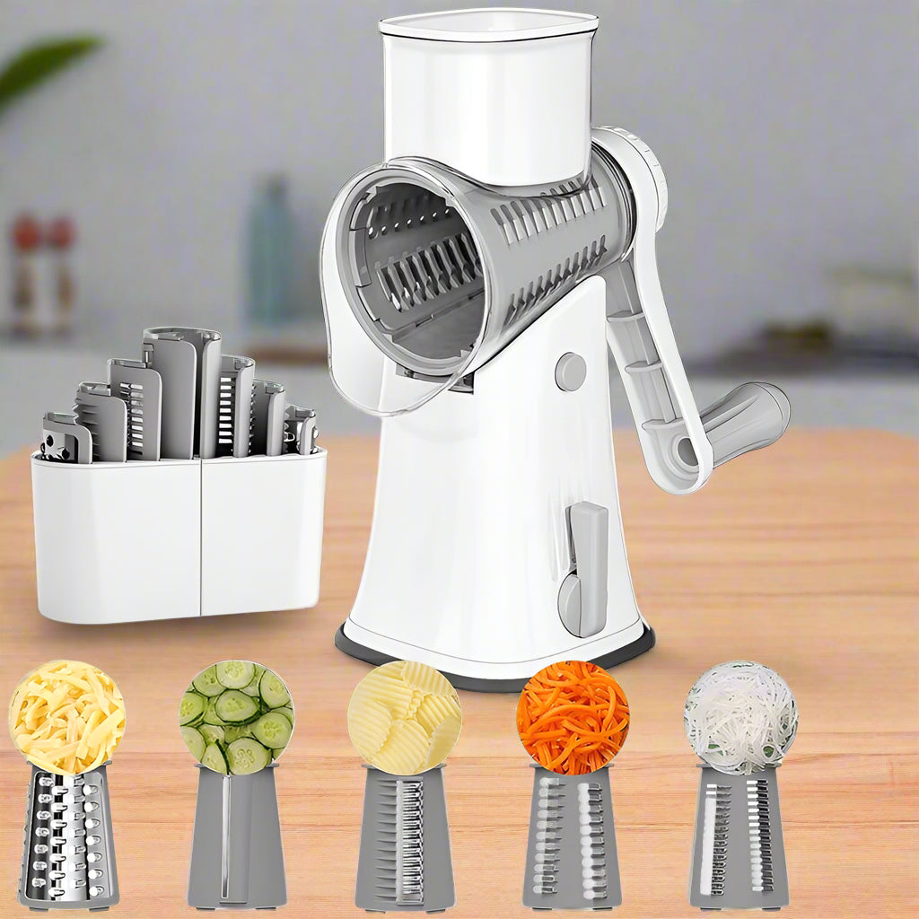 5-in-1 rotary cheese grater and vegetable slicer, a versatile kitchen tool for easy food shredding & meal prep.