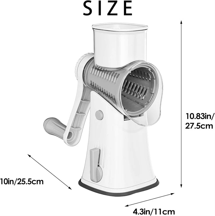 Compact 5-in-1 rotary food shredder and vegetable slicer. Essential kitchen gadget for quick & safe prep.
