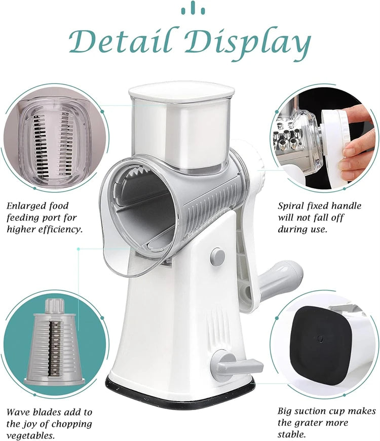 Efficient 5-in-1 rotary grater and slicer makes quick work of cheese and vegetables for effortless meal prep.