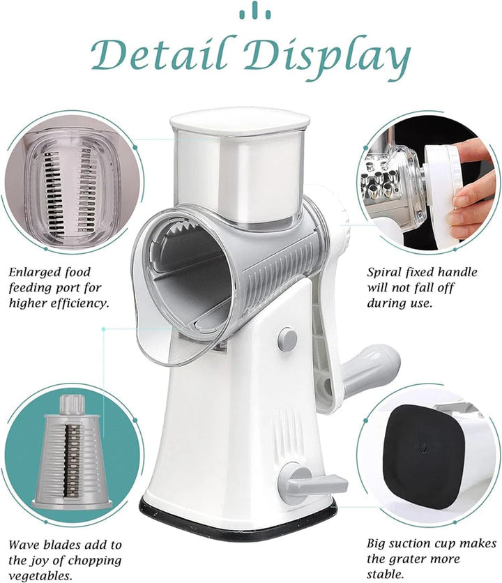 Efficient 5-in-1 rotary grater and slicer makes quick work of cheese and vegetables for effortless meal prep.