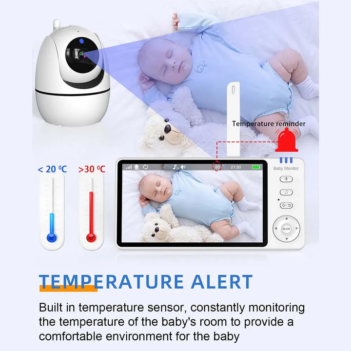 Close-up of 5-inch HD video baby monitor screen showing a sleeping baby in night vision