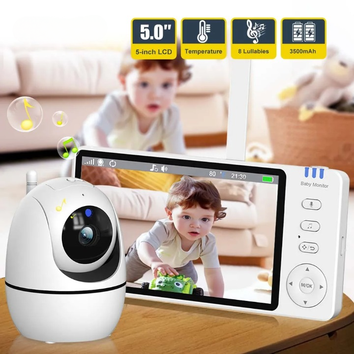Two-way audio feature on a 5-inch HD video baby monitor, showing speaker and microphone