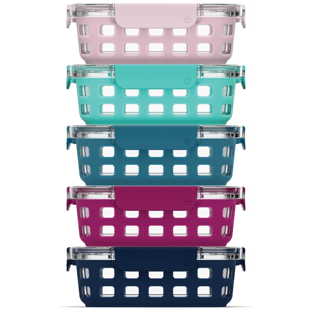 Multi-purpose 5-pack 180ml glass containers: freezer, microwave, dishwasher safe, BPA-free.