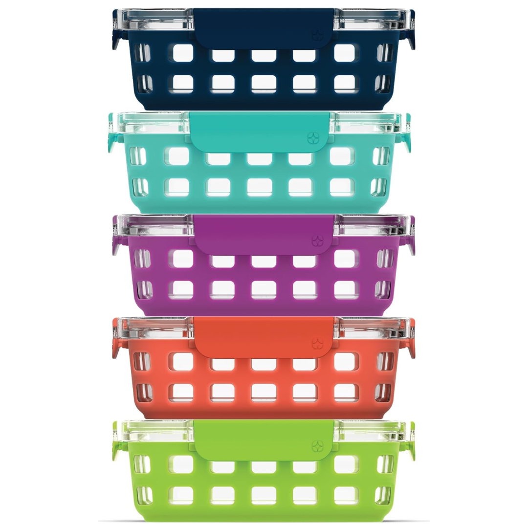 Complete set of 5 small 6 oz glass meal prep containers with airtight snap lids for organized meals.
