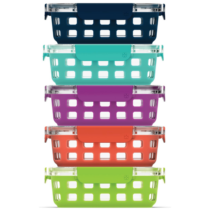 Complete set of 5 small 6 oz glass meal prep containers with airtight snap lids for organized meals.