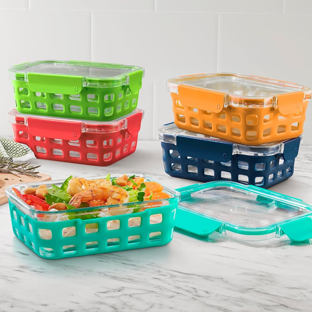 Reusable 6 oz glass meal prep containers, 5-pack, airtight lids, BPA-free, freezer & microwave safe.