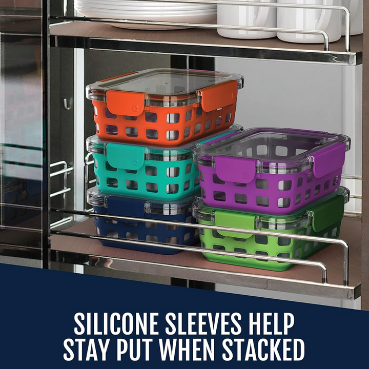 Stacked 5-pack 6 oz glass meal prep containers, compact design for easy kitchen food storage.