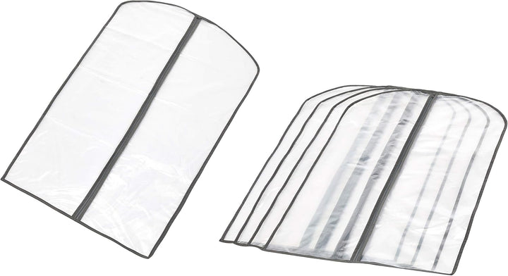 5-pack of clear PEVA garment storage bags with zippers for dust protection & closet organization.