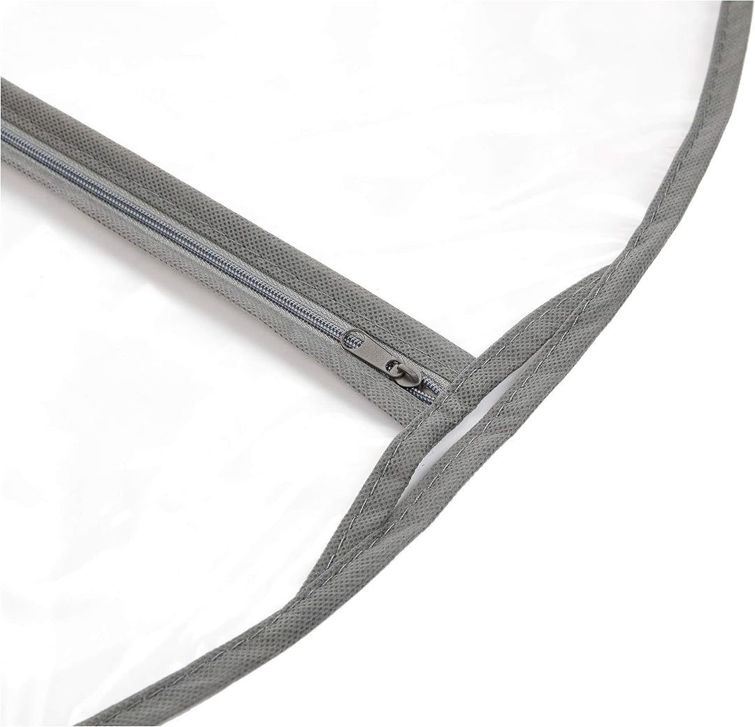 Clear PEVA suit covers, 5-pack with zippers, offering durable dust protection for clothing & organization.