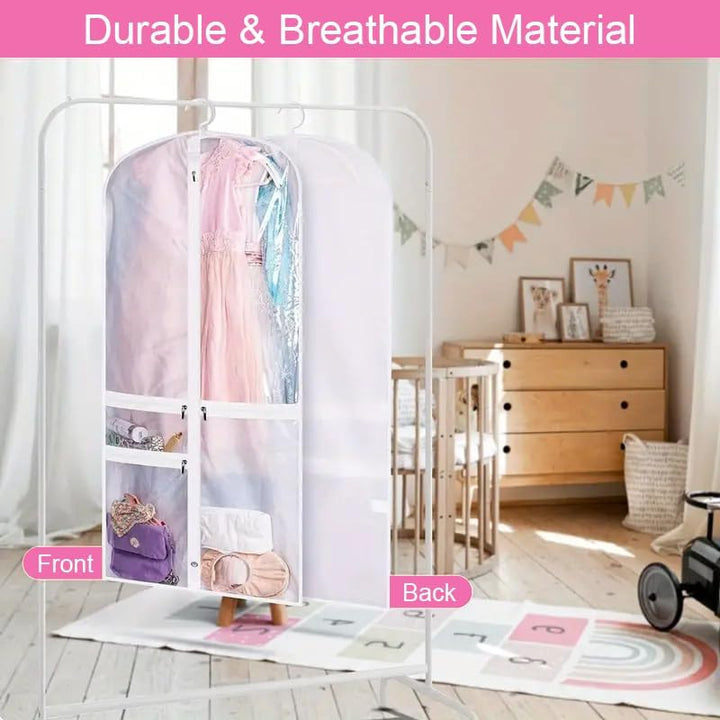 Set of five foldable garment bags with multiple accessory pockets for wardrobe organization