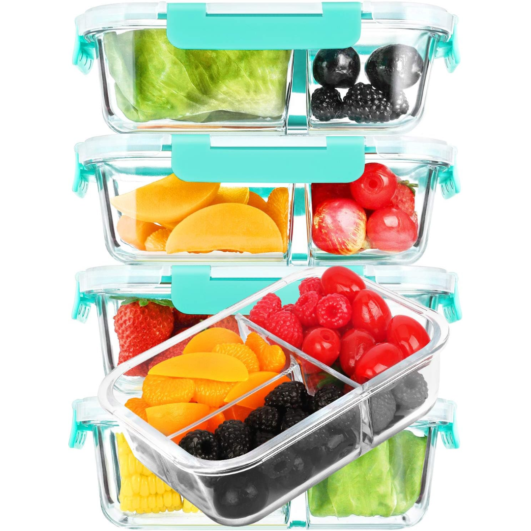 5-pack of Kitchen Glass Meal Prep Containers with lids, ideal for healthy food storage & portion control.