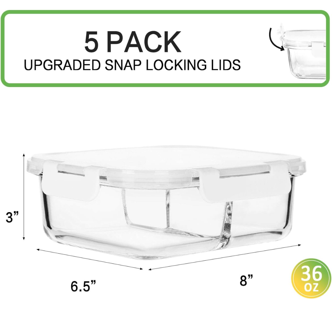 Durable 1L glass meal prep containers (5-pack), perfect for packing lunches & healthy portion-controlled meals.