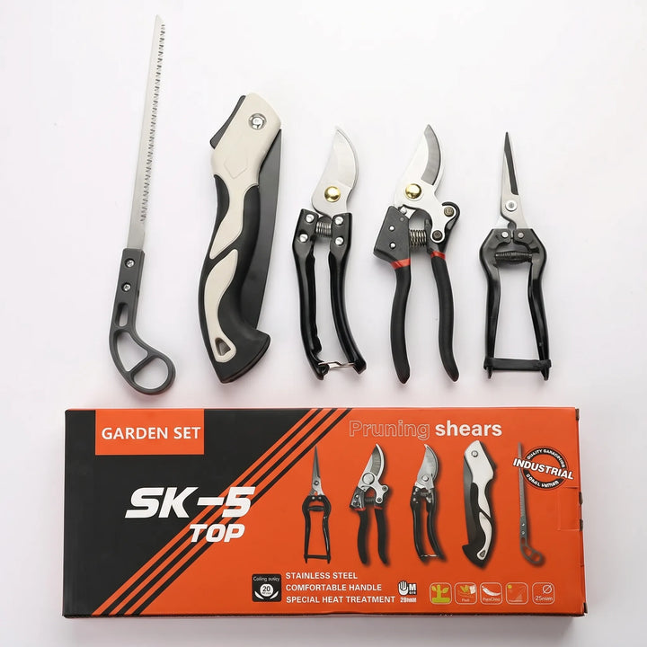 Durable 5-piece pruning set featuring sharpshooter pruner shears for precise plant trimming & garden maintenance.