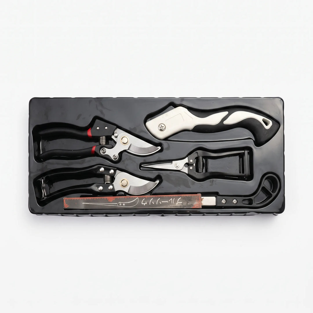 Gardening essential: 5-piece hand tool set including trowel, cultivator, weeder, pruner & gloves for diverse garden tasks.