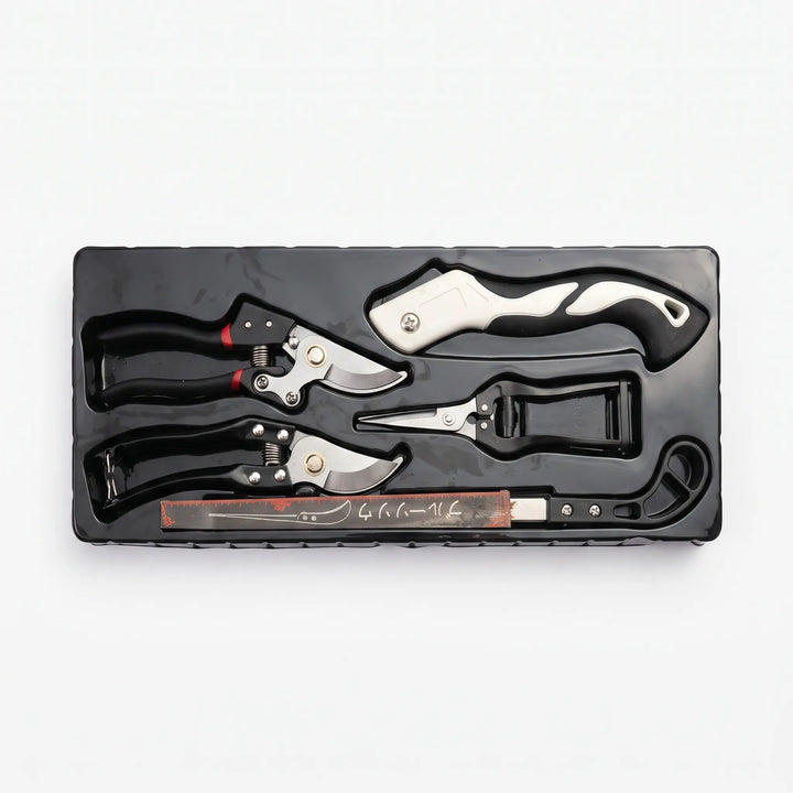 Gardening essential: 5-piece hand tool set including trowel, cultivator, weeder, pruner & gloves for diverse garden tasks.