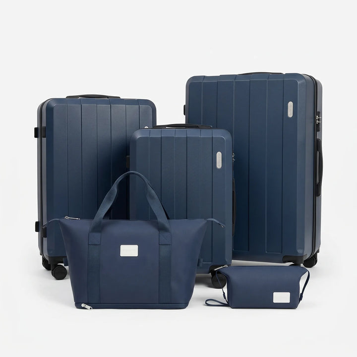 Complete 5-piece hardshell suitcase set with smooth 360° spinner wheels for easy airport travel.