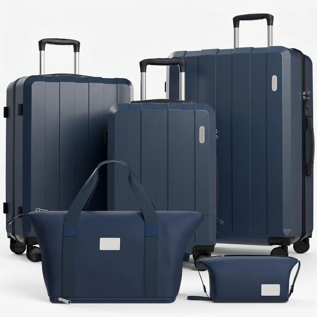 Versatile 5-piece hardshell travel set including carry-on & checked suitcases with spinner wheels.