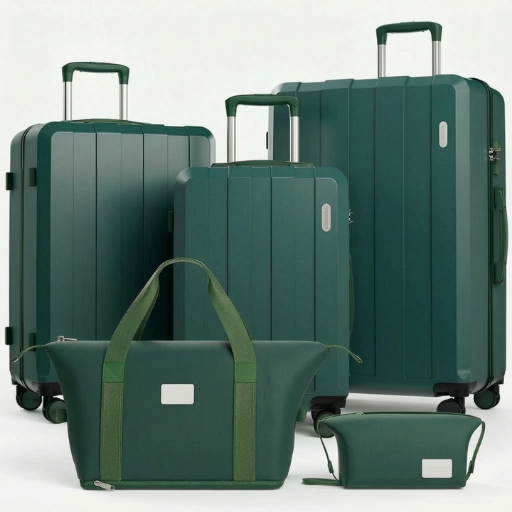 Hardshell 5-piece luggage set for families, featuring secure zippers & effortless spinner wheel mobility.